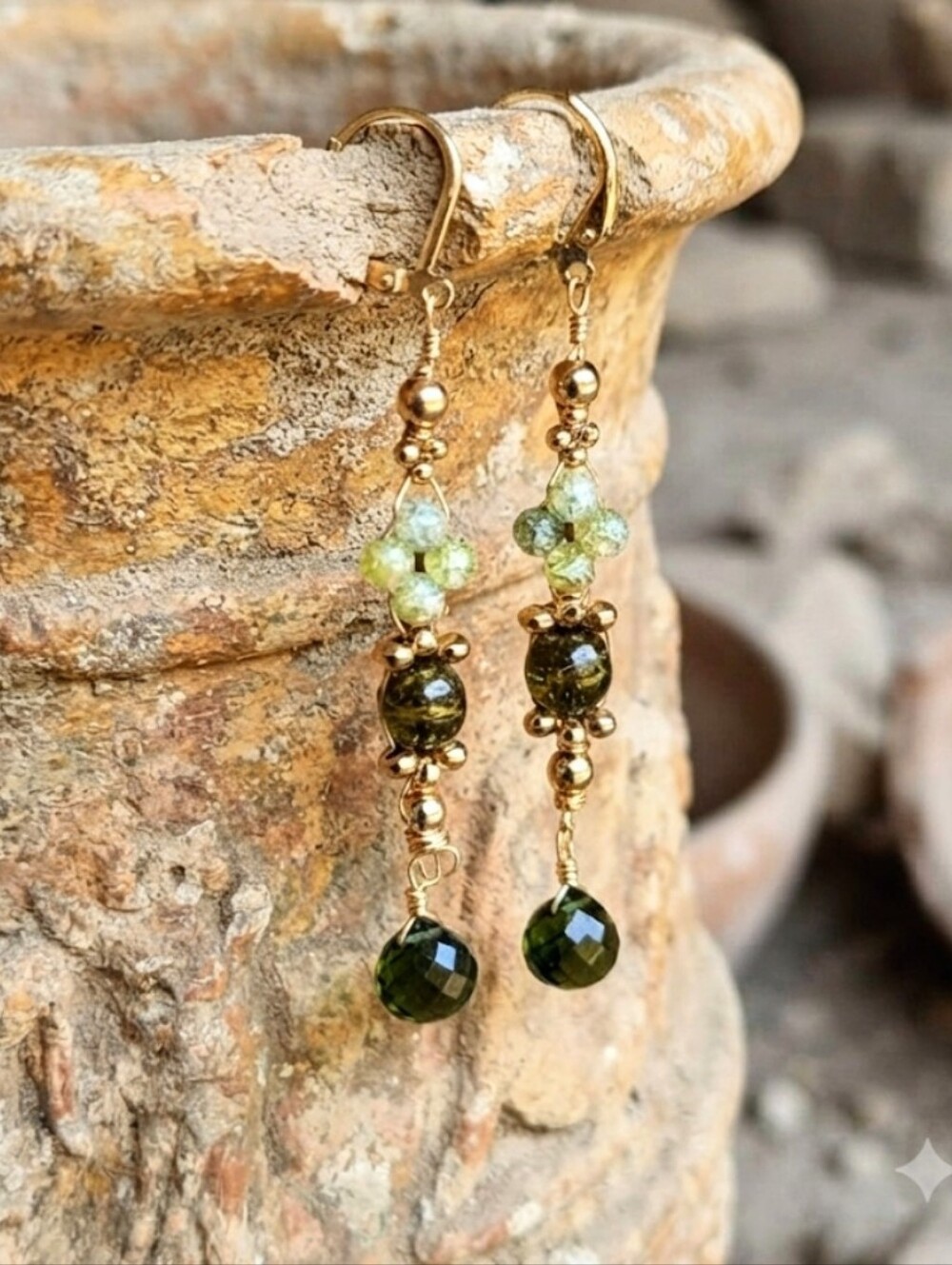 Genuine Peridot In Handwoven Handmade Artisan Long Drop Gold Plated Earrings